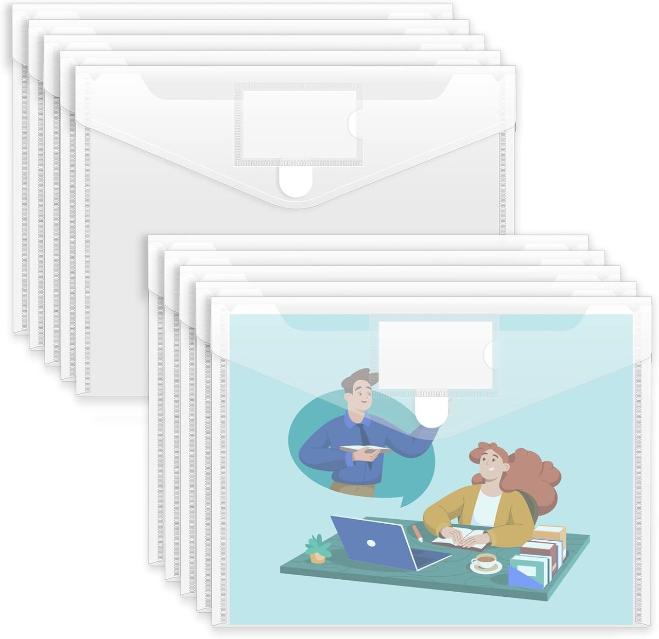 10 Pack Plastic Envelopes File Folders, Clear Folder for Document US Letter A4 Size Poly Envelopes with Label Pockets for School Home Work Office Organizer, Clear